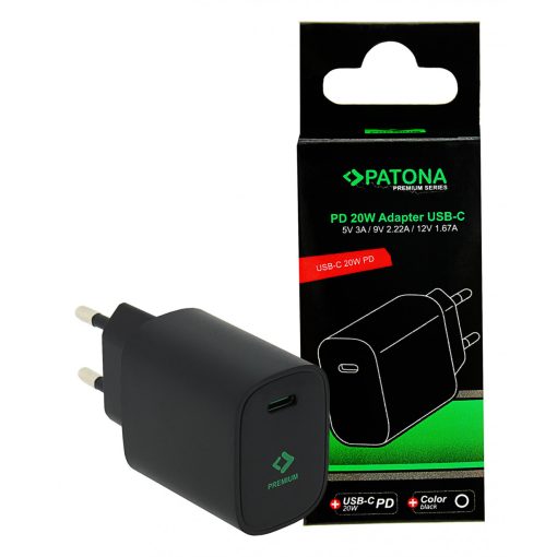 PATONA Premium PD20W Adapter 5V/3A 9V/2.22A 12V/1.67A USB-C PD3.0 QC3.0 fekete (2591)