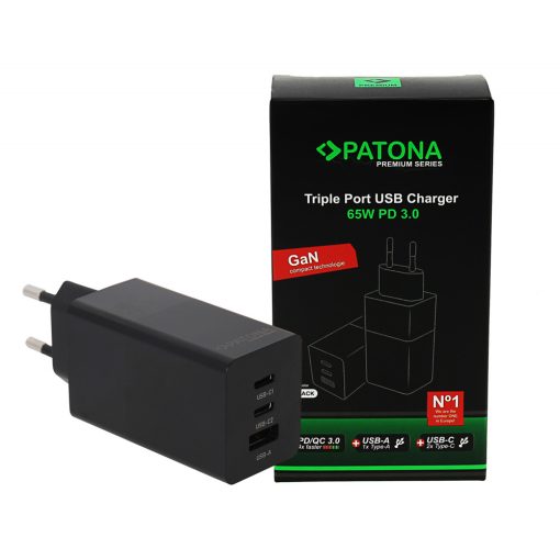 PATONA Premium GaN PD65W Adapter 2xUSB-C 1xUSB-A PD3.0 QC3.0 (2640)